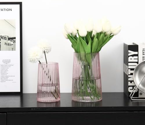 Ribbed Flower Vases Set of 2, Pink Vases for Flowers, Flower Vase for Bouquet, Modern Ribbed Glass Vase for Living Room, Bedroom, Dining Table, Office, Wedding, Centerpieces - Image 3