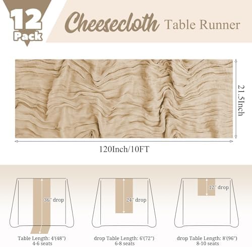 12 Pack Beige Table Runner 10Ft Cheesecloth Table Runner Rustic Gauze Table Runners Romantic Long Sheer Fabric Cheese Cloth Table Runners for Wedding Party Bridal Baby Shower - Image 2