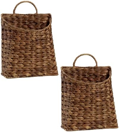 PINXIURY Water Hyacinth Hand Woven Basket, Wicker Hanging Wall Basket, Handmade Decor Storage Organizer for Entryway, Bathroom, Living Room, Farmhouse, Front Door, 8.7 x 4.7 x 11.4 inch, Coffee 2pack by PINXIURY