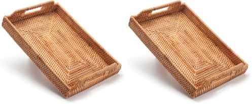 Rattan Serving Tray with Handles, Rectangular Wicker Basket Tray, Hand Woven Flat Basket for Coffee Table Dinning Room Bathroom (17 x 11.4 x 1.8 inch) (Pack of 2) by XIMISISE