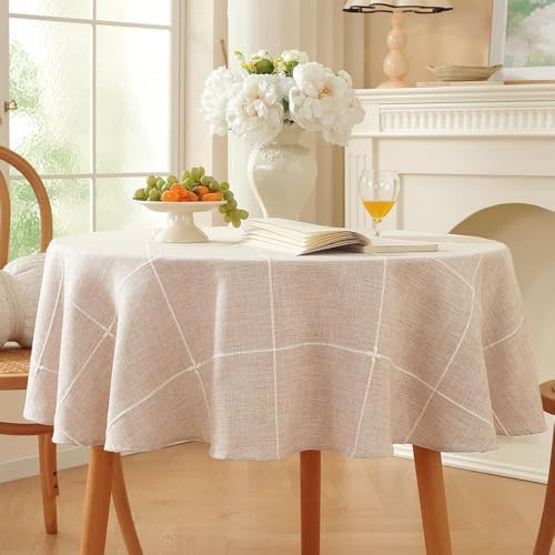 Zobesta Linen Table Cloth Round 70 Inch Plaid Browm Round Tablecloth 70 in - Image 2