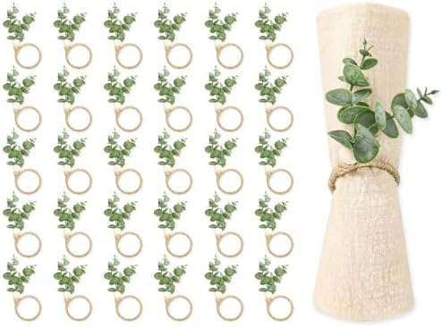JarThenaAMCS 60 Pcs Eucalyptus Leaf Napkin Rings Boho Green Leaves Wood Bead Farmhouse Napkin Holders Greenery Napkins Buckle for Spring Summer Easter Weddings Christmas Party Table Decoration by JarThenaAMCS