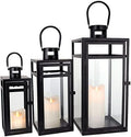TRIROCKS Stainless Steel Lantern Set of 3 - Assorted Sizes (12/15/19 Inch) - Tall Metal Hanging Lanterns with Clear Glass Panels, Indoor & Outdoor Home Decor for Parties & Events - Black Finish by TRIROCKS