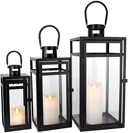 TRIROCKS Stainless Steel Lantern Set of 3 - Assorted Sizes (12/15/19 Inch) - Tall Metal Hanging Lanterns with Clear Glass Panels, Indoor & Outdoor Home Decor for Parties & Events - Black Finish by TRIROCKS