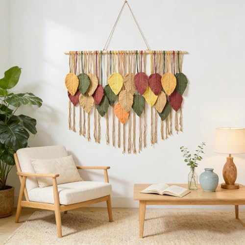 Fall Leaf Macrame Wall Hanging, Boho Brown Leaves, 39.4" W x 31.5" L - Image 5