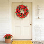Red Artificial Geranium Wreath, 22 Inch Spring Summer Wreaths for Front Door with Blessed Hanging Sign, for Rustic Farmhouse Decor for Entryway, Porch, Balcony Decor - Image 3