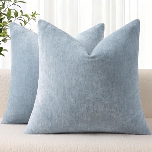 decorUhome Fall Chenille Slate Blue Throw Pillow Covers 22x22 Inch Set of 2, Decorative Soft Couch Pillow Covers Solid Dyed Accent Euro Sham Farmhouse Neutral Square Pillow Cases for Sofa by decorUhome