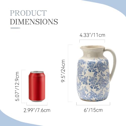 Ceramic Vintage Vase Flower Decorative Vase Chinoiserie Decor Rustic Farmhouse Retro Floral Vases for Table Bookshelf Mantel Kitchen Living Room Office - 9.5" Blue - Image 2