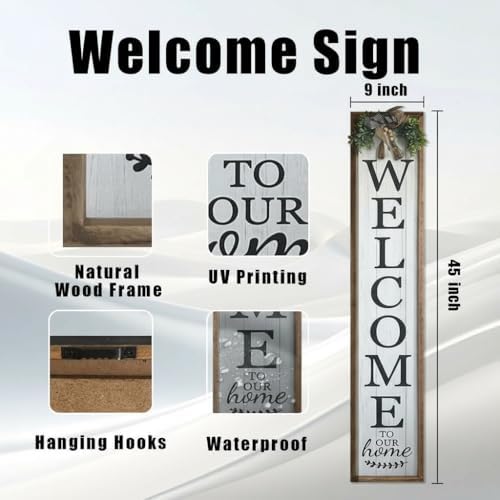 Welcome Sign for Front Porch, 45"×9" Welcome to Our Home Sign Strength Durability, Outdoor Welcome Sign Wooden Frame Weight Light for Farmhouse Wall Hanging Decoration (Wood) - Image 2