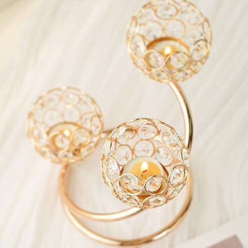 Gold Metal Crystal Candle Holder Set of 3 - Elegant 5-Arm Metal Tea Light Centerpiece with Shining Crystal Bowl, Wedding Anniversary Table Decor for Dining, Party - Image 2