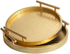 Modern Decorative Tray Set of 2, Wooden Round Crocodile Leather Tray with Polished Metal Handles, Decorative Serving Trays Coffee Table Trays Ottoman Platter for Home Decor (Golden) by JUMBOHUMBLE