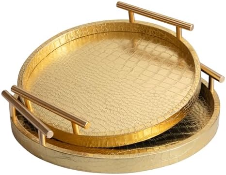 Modern Decorative Tray Set of 2, Wooden Round Crocodile Leather Tray with Polished Metal Handles, Decorative Serving Trays Coffee Table Trays Ottoman Platter for Home Decor (Golden) by JUMBOHUMBLE