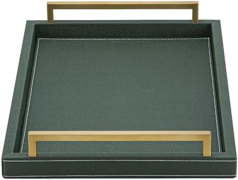 XIGEXIGE Green Decorative Serving Tray,Rectangular Tray for Coffee Table,Faux Leather Serving Tray with Handles for Ottoman,Shagreen Leather Tray for Bathroom by XIGEXIGE