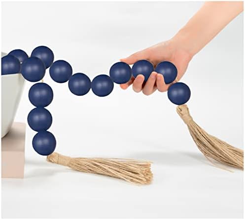OMISHE 76" Long Extra Large Wood Bead Garland Navy Blue with 1.6" Diameter Wooden Beads and Tassels, Rustic Farmhouse Country Decorative Beads for Home Decor Tiered Tray Decor, Navy Blue by OMISHE