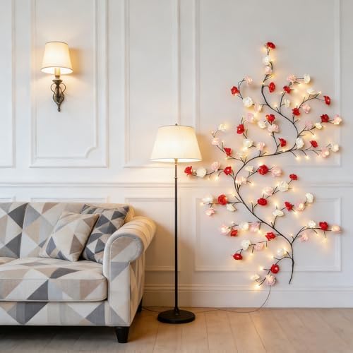 Rose LED Tree Branch Lights for Wall,Led Rose Blossom Lights Twig Decor with 144 LED Flower String Lights and USB Powered, 8 Lighting Modes for Indoor Window Wedding Valentine's Day Decor (91in) - Image 2