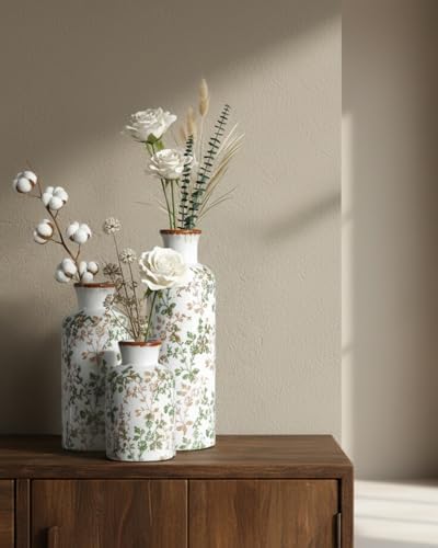 Brown and Green Ceramic Vase Set of 3, Vintage Botanical Vases for Decor - Image 4