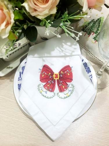 Embroidered Cloth Napkin Red Bow Christmas Cotton Napkins Set of 6, 20x20 Hemstitch Table Napkins, Machine Washable, Daily & Holidays, Great Gift Ideas - Image 7