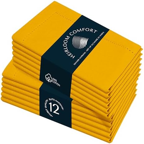 Mustard Yellow Cloth Napkins 18"x18" - Set of 12-100% Cotton, Absorbent, Reusable, Soft, Washable - Hemstitch Mitered Edges - Ideal for Dinner, Everyday, Baby Showers, Events by HEIRLOOMCOMFORT