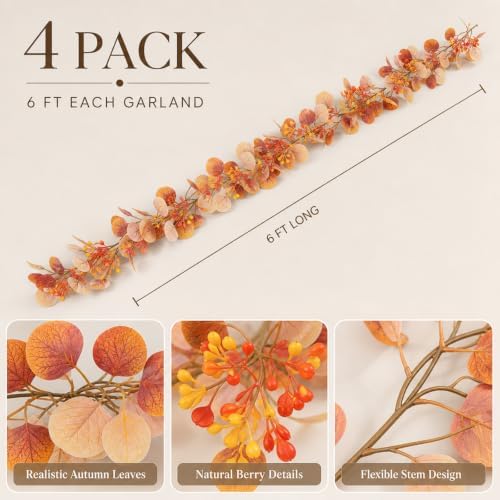 4 Pcs 6Ft Fall Eucalyptus Garland, Artificial Orange Faux Eucalyptus Plants Autumn Leaves Fake Vines for Table Home Wedding Mantle Thanksgiving Decor - Image 3