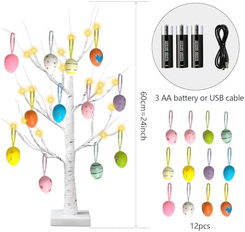 2 Pack Easter Decorations 24 Inch Artificial Lighted Easters Egg Tree, Pre-lit White Birch Tree with 12 Hanging Egg Ornaments for Party Birthday Home Spring Decoration - Image 3