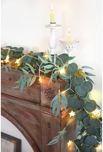 FiveSeasonStuff Eucalyptus and Willow Garlands with 80 LED Star String Lights, 2 Artificial Greenery Vines, Battery-Powered Fairy Lights for Mantels and Wall Displays - Image 5