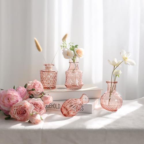 Pink Bud Vases in Bulk 12, Vintage Small Vases for Flowers, Clear Mini Glass Vase for Centerpieces, Decorative Embossed Flower Vase for Wedding Table Decoration, Baby Shower, Birthday Party - Image 4