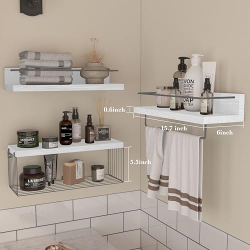 PopiShelves Bathroom Shelves Over Toilet for Wall, Floating Shelves with Storage Basket Paper Holer for Kitchen Living Room, Bedroom & Classroom, Set of 3 (White and Grey) - Image 3