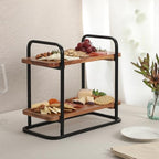 Gibson Home Gracious Dining 2-Tier Wooden Serving Tray with Metal Frame – Acacia Wood Rectangle Charcuterie Board, Cheese Platter, Dessert Display Stand for Buffet, Kitchen, Dining, or Events - Image 5