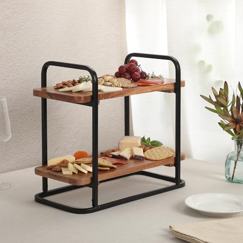 Gibson Home Gracious Dining 2-Tier Wooden Serving Tray with Metal Frame – Acacia Wood Rectangle Charcuterie Board, Cheese Platter, Dessert Display Stand for Buffet, Kitchen, Dining, or Events - Image 5