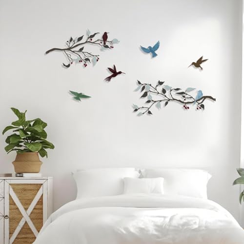 4PCS Metal Birds Wall Decor, Birds on the Branch Silhouette Art, Metal Leaves with Hummingbirds Outdoor Art Hanging Wall Sculpture for Home Office Balcony Garden Decor.（Colorful,Hummingbirds） - Image 5