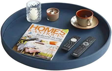HofferRuffer Large Round Serving Tray 24'', Elegant Faux Leather Circle Ottoman Table Tray, Serve Tea Coffee Breakfast in Bedroom Living Room Kitchen (Blue) - Image 4