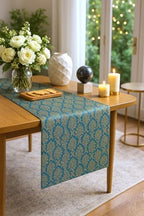 ThrowPillow Luxury Banarasi Brocade Silk Table Runner | Blue & Gold Jacquard with Tassels | 14x90 Inches | Festive Diwali Decor | Center | Gift | Pooja Rooms by THROWPILLOW