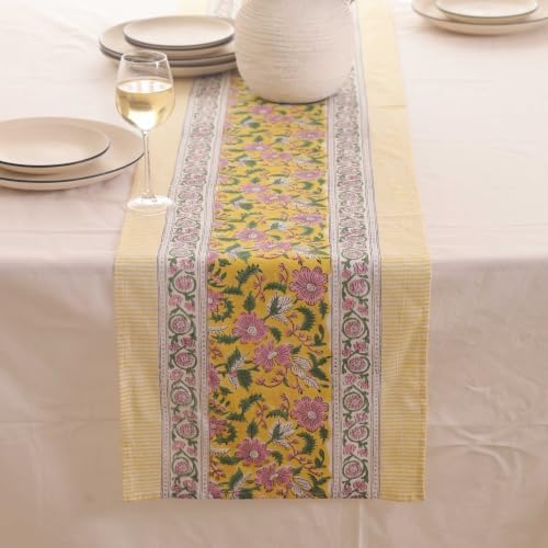 Hand Block Printed Cotton Table Runner, Machine Washable Cotton Runner, Boho Floral Centerpiece Accent for Dining Tables and Buffet Cabinets, 16x70 Inches - Yellow & Pink - Image 4