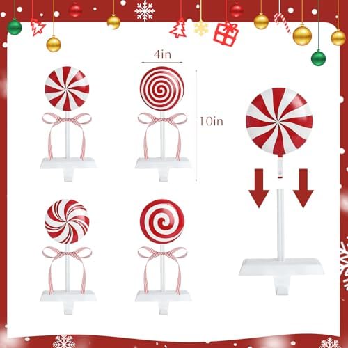 Christmas Stocking Holders for Mantle: Red White Peppermint Candy Stocking Holder Stand Set of 4, Metal Stocking Hangers Decorative Hooks for Xmas Home Decor, Fireplace Window Accessories - Image 2