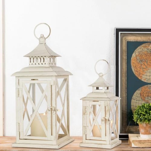 Lanterns Decorative Outdoor&Indoor, Set of 2 (14"&10") Beige Metal Lantern Decor with Glass, Candle Holder for Porch, Patio, Garden, Balcony, Wedding, Table Centerpiece - Image 4