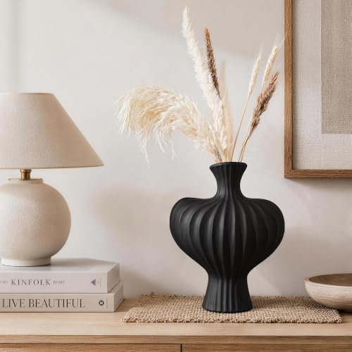 Ceramic Flower Vase Home Decor, 11 in Farmhouse Table Vases Rustic Vintage Living Room Kitchen Bedroom Decorations Pottery Decorative Vases for Flowers House Shelf Coffee Desk Dining Fireplace, Black - Image 2