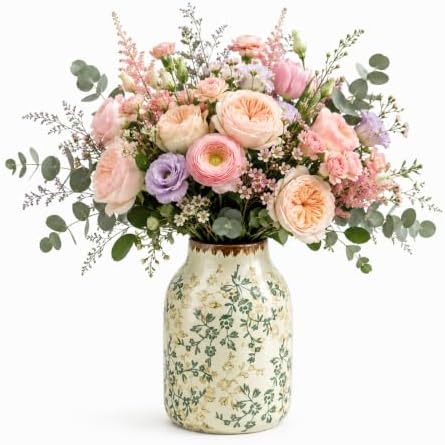 Ceramic Bud Vase, 7.9 Inch Vintage Rustic Farmhouse Milk Bottle Vase with Crackle Glaze, Hand-Painted Green Vine Floral Vase, Small Flower Vase for Living Room, Kitchen, Table Centerpiece, Shelf Decor by Vimour