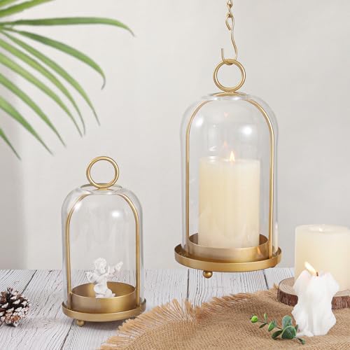 Versatile Metal Candle Holder Set with Handmade Glass Dome,Antique Brass Pillar Candle Stand, 5.2" & 4.1" Wide for Tabletop or Hanging, Industrial & Farmhouse Decor - Image 7