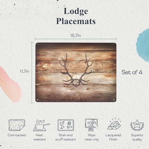 Pimpernel Lodge Collection Placemat Set – (15.7" x 11.7") Cork-Backed Boards with Rustic Antler & Wood Artwork, Heat & Stain Resistant Lacquered Finish, Decorative Table Mats for Dining & Kitchen - Image 2