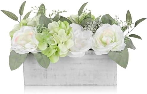 DILATATA Flower Arrangement with Wooden Vase 10" Artificial Flowers in Pot - Fake Flowers in White Rectangular Wooden Vase Potted Faux Flower Centerpieces for Table Decor Living Room - White by DILATATA