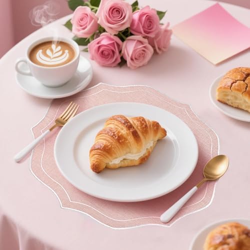 Set of 8 Cotton Linen Placemats, 15x15 Round Scalloped Cloth Table Mats, Embroidery Machine Washable, Wrinkle Resistance Fabric Place Mats for Wedding Summer Baby Shower Party Table Decor-Pink - Image 3