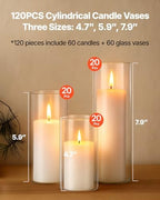 VEVOR Pillar Candles and Glass Vases Set 120 Pcs, Clear Cylinder Hurricane Candle Holders for Wedding Centerpieces, Tall Vase for Table Decor, Wedding Party,Thanksgiving,White (2.56" x 4.7",5.9",7.9") - Image 2