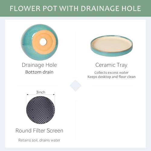 10.3 Inch Ceramic Glaze Plant Pot with Saucer, Flower Pots with Drainage Hole Mesh Net (Spot Green) - Image 4