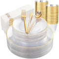 MirthMood 210Pcs Clear and Gold Plastic Dinnerware Set for 30 Guests by LUODA