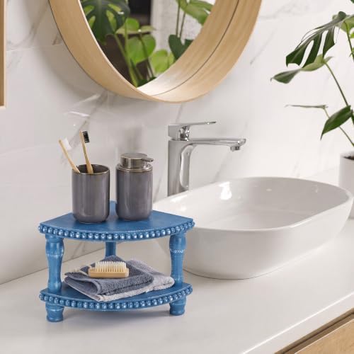 Kigley 2 Tiered Corner Riser for Kitchen Counter Wood Beaded Corner Shelf Blue Wash Countertop Bathroom Counter Organizer Rustic Decorative Pedestal Stand with Removable Feet for Kitchen Coffee Bar - Image 6