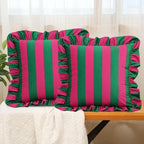 vctops Ruffle Square Throw Pillow Covers Boho Pink and Red Striped Decorative Pillowcases Set of 2, Soft Velvet Accent Cushion Cover Cases for Sofa Bed Living Room Decor (Pink Green,18"x18") by vctops