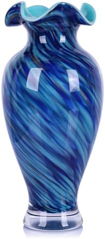 12in Tall Hand Blown Glass Vase Unique Ruffle Wide Mouth Vases, Elegant Modern Glass Flower Decorations Vase, Beautiful Colorful Vases for Home Living Room Bookshelves Wedding High End Centerpieces by LCCCK