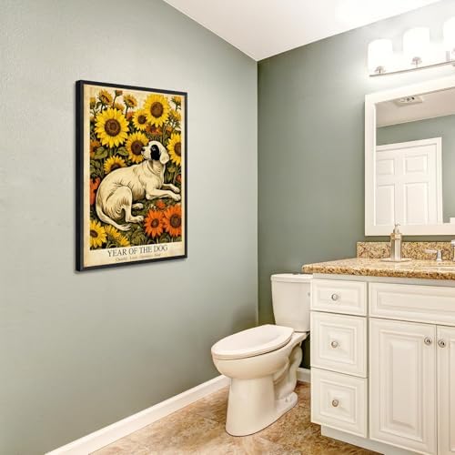 Chinese Lunar Year Of The Dog Wall Art – White Dog and Sunflower Painting for Bedroom Living Room and Gallery Decor – Fun Home Print Decoration Posters 24X36 in Black Framed - Image 5