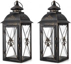 TRIROCKS Set of 2 Vintage Hanging Lantern - 13.5'' Decorative Metal & Tempered Glass Candle Holder - Ideal for Indoor/Outdoor Events, Patio, Garden, Parties Black & Gold Brush Finish - Image 2