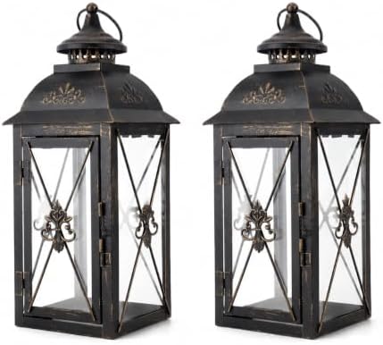 TRIROCKS Set of 2 Vintage Hanging Lantern - 13.5'' Decorative Metal & Tempered Glass Candle Holder - Ideal for Indoor/Outdoor Events, Patio, Garden, Parties Black & Gold Brush Finish - Image 2